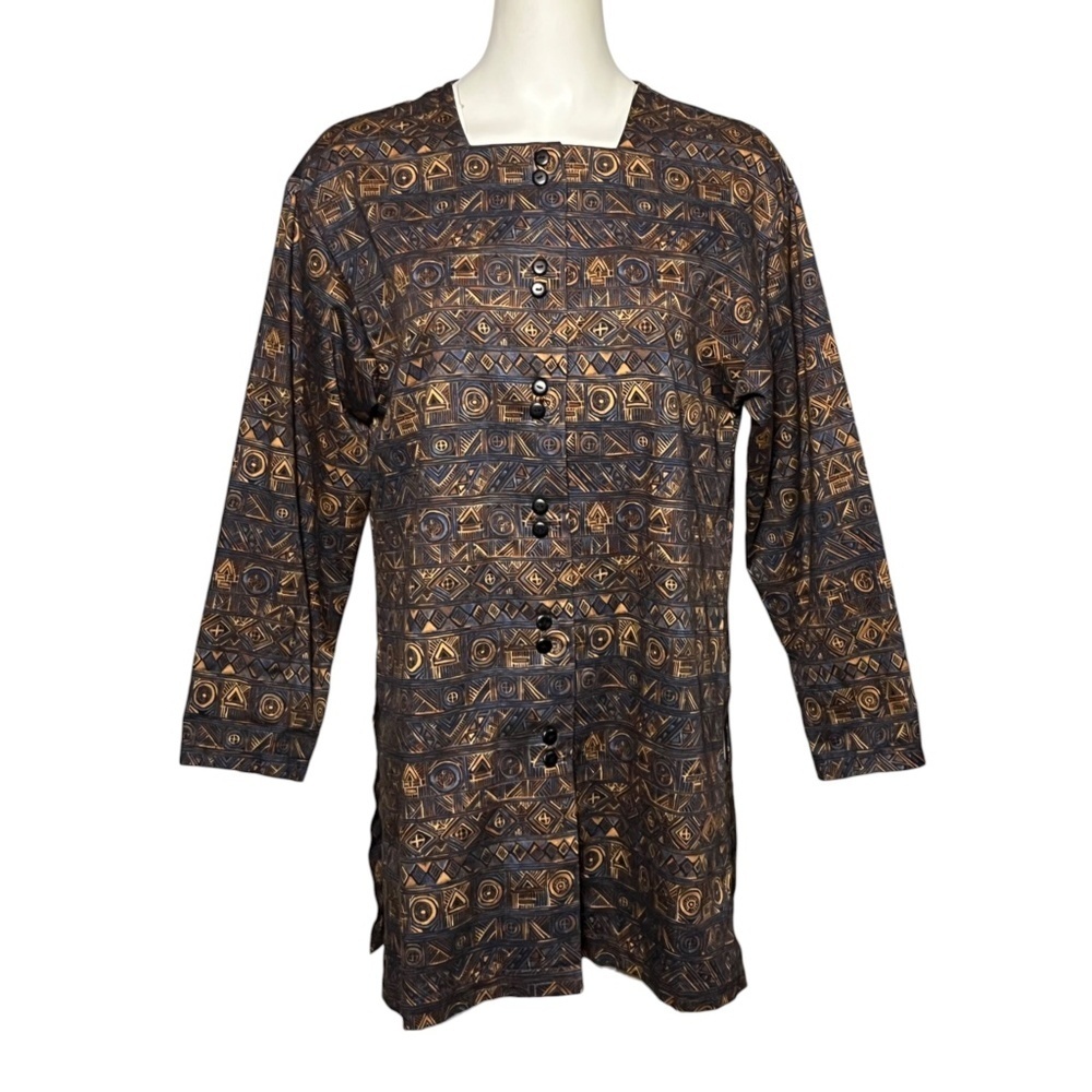 Peruvian Connection Aztec Tribal Print Pima Cotton Long Tunic Top Shirt Jacket S